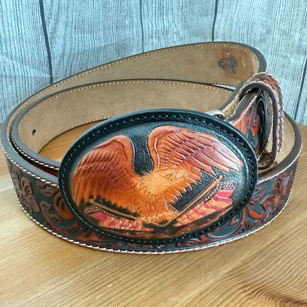 American Eagle Heritage Buckle with Justin Scrollwork Leather Belt Size 42